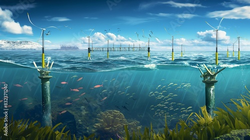 An illustration of a tidal energy converter in action, with turbines under the sea surface generating power from ocean currents without disrupting marine life.