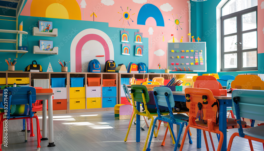 Fototapeta premium Interior of stylish empty classroom with backpacks and stationer