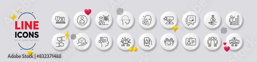 Sharing economy, Difficult stress and Messages line icons. White buttons 3d icons. Pack of Id card, Graph chart, Safe time icon. Like, Income money, Friends couple pictogram. Vector