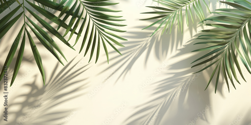 A white wall with a palm tree shadow ,Palm leaves casting shadows on a light-colored wall creating a serene and tropical atmosphere	

