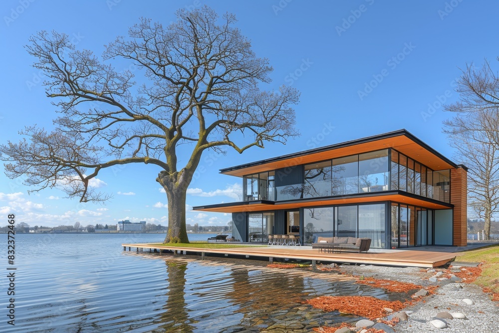Contemporary lake house with modern design, featuring large windows and stunning water views, creating a serene and luxurious retreat