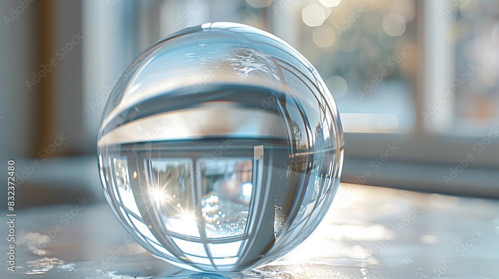 A close-up of a crystal-clear glass globe, reflecting the soft light of a nearby window, showcasing its perfectly round shape and smooth surface. A close-up of a crystal-clear glass globe, reflecting the soft light of a nearby window, showcasing its perfectly round shape and smooth surface.