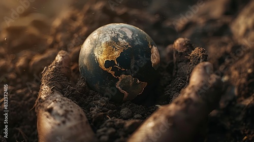 Hands cradling a small globe in rich soil  representing the interconnectedness of humanity and the environment.