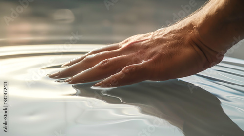 Man's hand touching a smooth surface