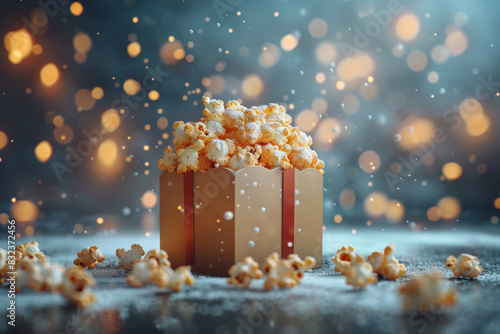 A box full of delicious popcorn against a blurred background of sparkling lights. Perfect for a movie night or party. photo