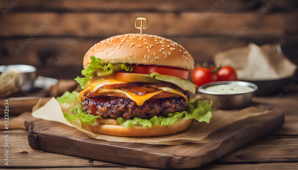 Home big classic burger on a wooden table close-up Home big classic burger on a wooden table close-up