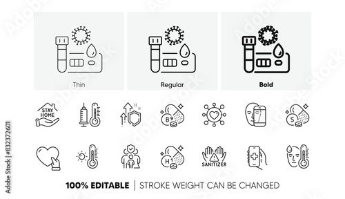 Stay home, Volunteer and Thermometer line icons. Pack of Family insurance, Improving safety, Fever icon. Covid test, Health app, Weather thermometer pictogram. Face biometrics. Line icons. Vector