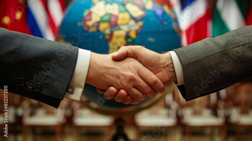 A close-up of a handshake between two business leaders, one from the East and one from the West, against a backdrop of a globe and flags of different nations, symbolizing internati photo