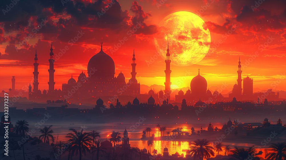 Illustration of Mosque in a ramadan gorgeous night sky Beautiful breathtaking Masjid with a Ramadan crescent moon in the sky