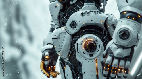 A close-up view of a person wearing an exoskeleton suit, showcasing the intricate details of the mechanical joints and integrated technology, against a futuristic backdrop.