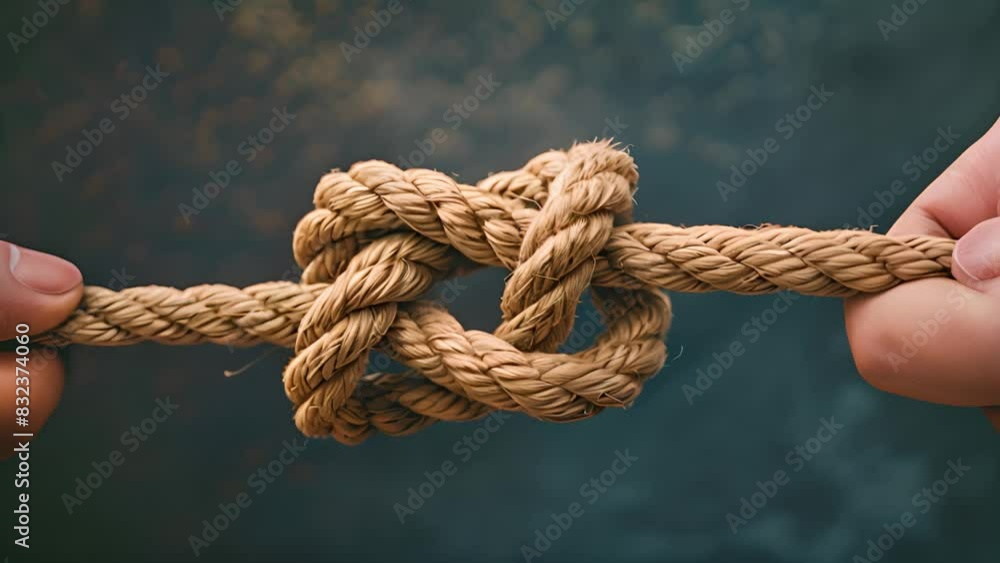 Close-up of two hands tightly gripping a rope with a knot tied in the middle, showcasing strength and stability. Close-up of two hands tightly gripping a rope with a knot tied in the middle, showcasing strength and stability.