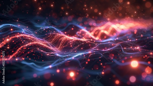 A conceptual image of quantum communication, illustrating data transmission through quantum entanglement, with particles connected by luminous threads, representing the instant and