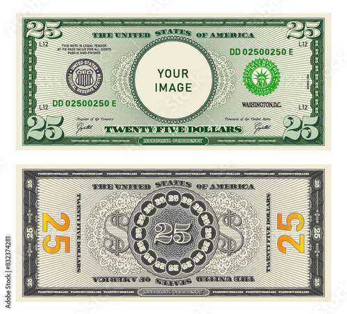 Vector highly detailed fictional beautiful 25 US dollar banknote. Obverse and reverse of American bill with guilloche patterns. Empty circle in center. Sample, your image. Twenty five dollars.
