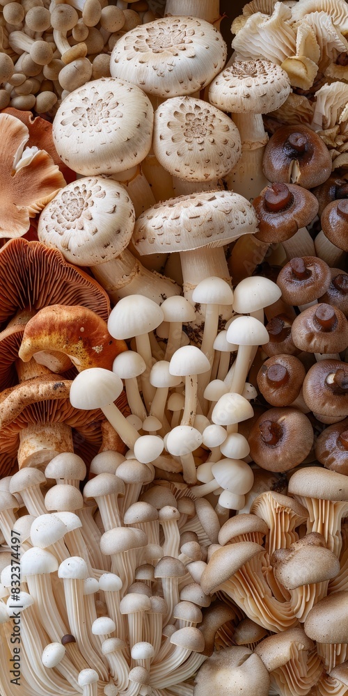 A close-up view of a variety of mushrooms, showcasing their unique textures and colors. A close-up view of a variety of mushrooms, showcasing their unique textures and colors.