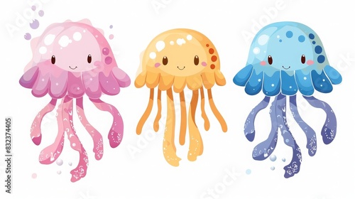 Cute cartoon jellyfish illustration with pink, orange, and blue jellyfish on a white background. Perfect for children's designs and artworks.