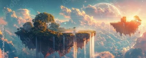 Floating islands with waterfalls cascading into the sky, vibrant colors, fantasy, digital art, magical and serene, photo