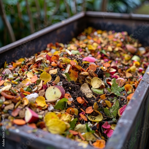 A close-up view of a compost bin filled with a variety of organic materials, including fruit peels, vegetable scraps, and leaves photo