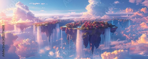Floating islands with waterfalls cascading into the sky, vibrant colors, fantasy, digital art, magical and serene, photo