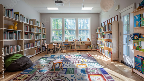beautiful home school library. Well lit room with bookshelves filled with literary book, carpet. concept love for reading