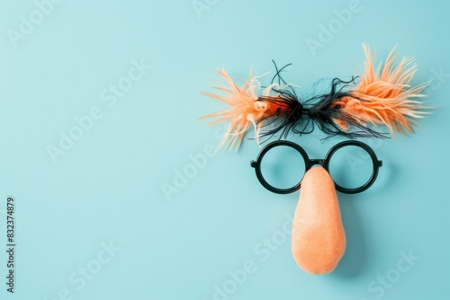 A nose and glasses with fake hair for goofy costumes on light blue background photo