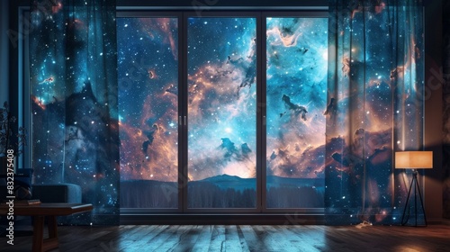 Cosmic Dreams: Enchanting 4K HD Wallpaper with Curtains Adorned by the Universe