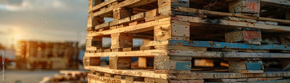 Stacked wooden pallets against a sunset sky. Stacked wooden pallets against a sunset sky.