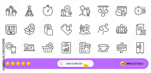 Paper wallpaper, Refrigerator and Espresso line icons for web app. Pack of Charging station, Ceiling lamp, Card pictogram icons. Credit card, Qr code, Return package signs. Bitcoin atm. Vector