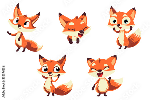 Set of cute foxes with different emotions. Cartoon foxy characters. Happy funny forest animals. Vector fox