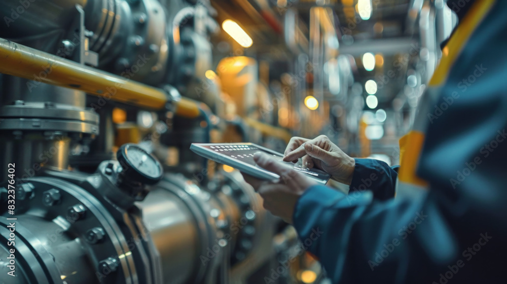 Engineer in a blue uniform using a tablet for monitoring and managing equipment in a modern industrial facility. Engineer in a blue uniform using a tablet for monitoring and managing equipment in a modern industrial facility.