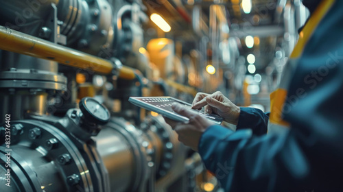 Engineer in a blue uniform using a tablet for monitoring and managing equipment in a modern industrial facility.