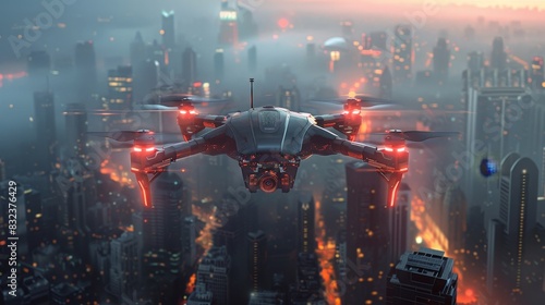 A sleek, modern drone hovering in mid-air, its camera pointed downwards, capturing stunning aerial views of a vibrant cityscape below, showcasing the innovative use of unmanned aer photo