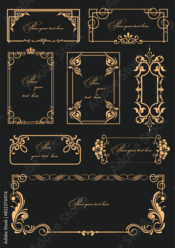 Set of ornate vector frames and ornaments with sample text. Perfect as invitation or announcement. All pieces are separate. Easy to change colors and edit. Hand drawn illustration by Adobe Illustrator