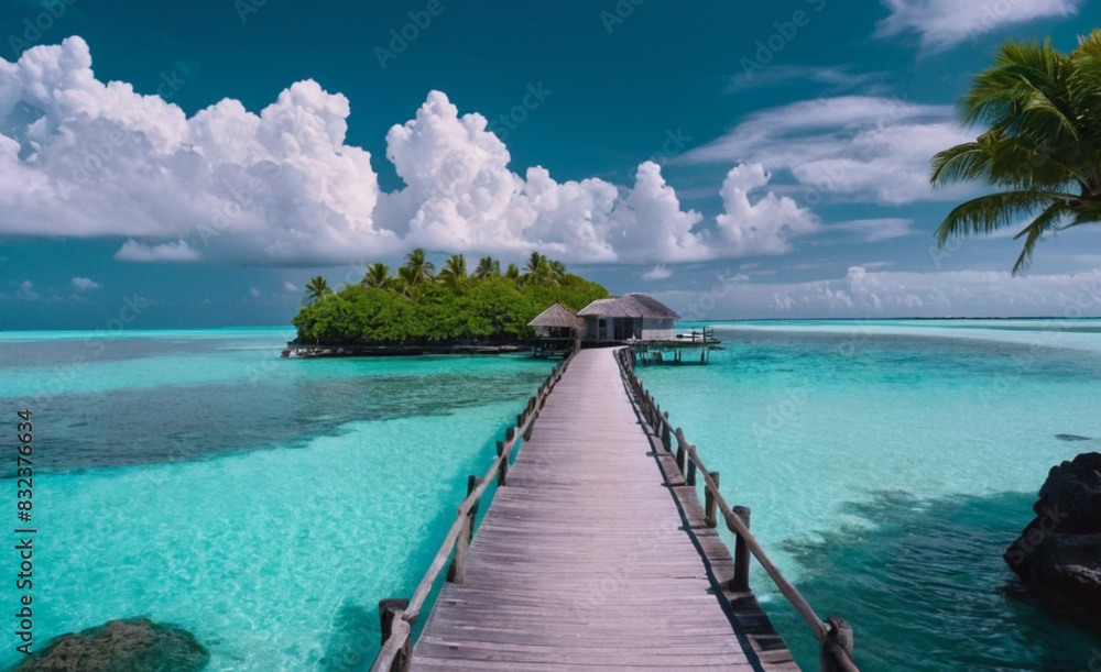 Idyllic Tropical Paradise, Crystal Blue Skies, Turquoise Sea, and Overwater Bungalows Idyllic Tropical Paradise, Crystal Blue Skies, Turquoise Sea, and Overwater Bungalows
