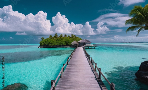 Idyllic Tropical Paradise  Crystal Blue Skies  Turquoise Sea  and Overwater Bungalows