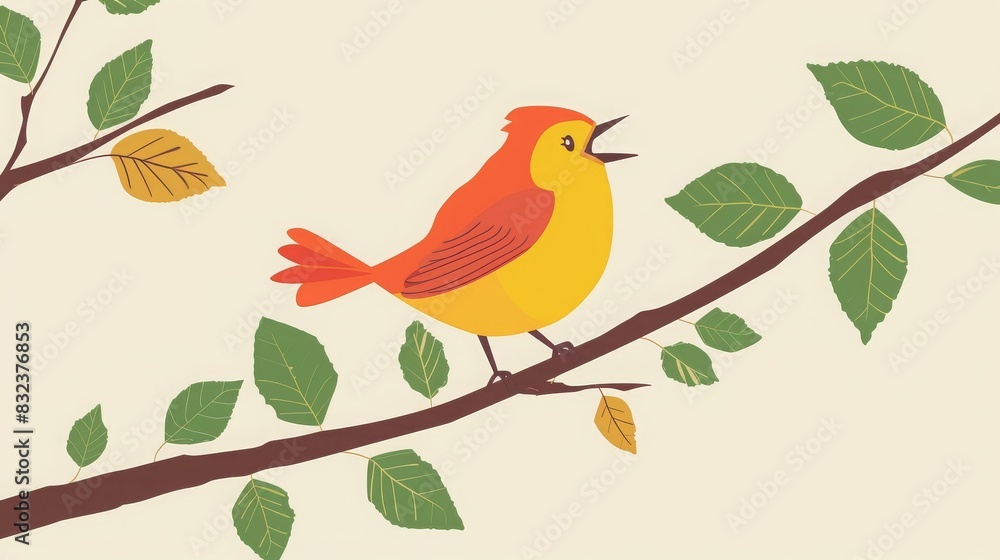 Illustration of a colorful bird singing on a branch with green leaves. Perfect for nature, wildlife, and spring themes.