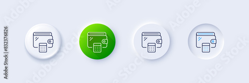 Wallet line icon. Neumorphic, Green gradient, 3d pin buttons. Money purse with calculator sign. Cash budget symbol. Line icons. Neumorphic buttons with outline signs. Vector
