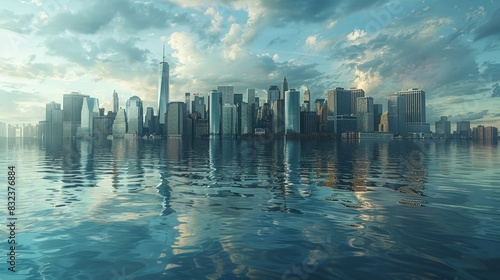 A thought-provoking illustration depicting a city skyline submerged in rising sea levels  with only the tops of skyscrapers visible above the water