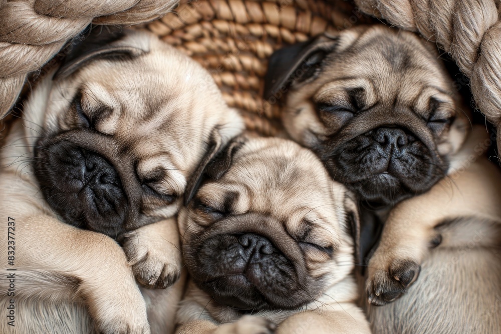 Cute pug puppies sleeping peacefully in a basket, snuggled together with audible snorts and snores