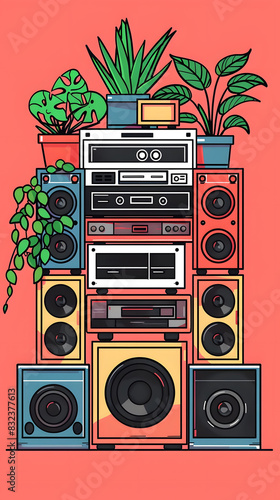 Retro Stereo System With Houseplants on Shelf illustration background