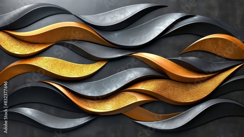 Metal Wall Sculpture With Gold and Black Waves