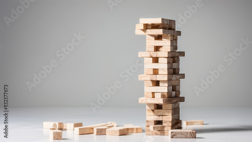 Jenga image stacked precariously high, board game, graphic image, Jenga
