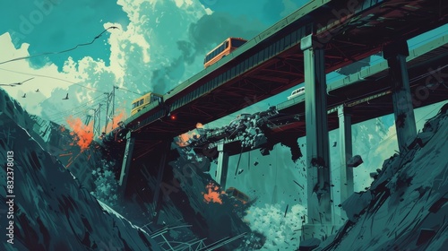 Collapsing bridge in a cityscape
