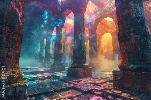 Futuristic ancient ruins with holographic projections and advanced technology, vibrant colors, scifi, 3D rendering, innovative and surreal, photo