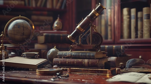 Lensometer with an antique look, surrounded by books and old optical instruments. The background is maroon. 8k, realistic, full ultra HD, high resolution and cinematic photography photo