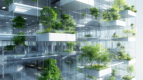 An innovative office structure with a glass exterior and balconies on each level that support small trees and green spaces for employees.