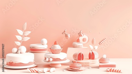 Table with cake, pie, cupcakes, tarts and cakepops. Copy space. dessert. Illustrations photo