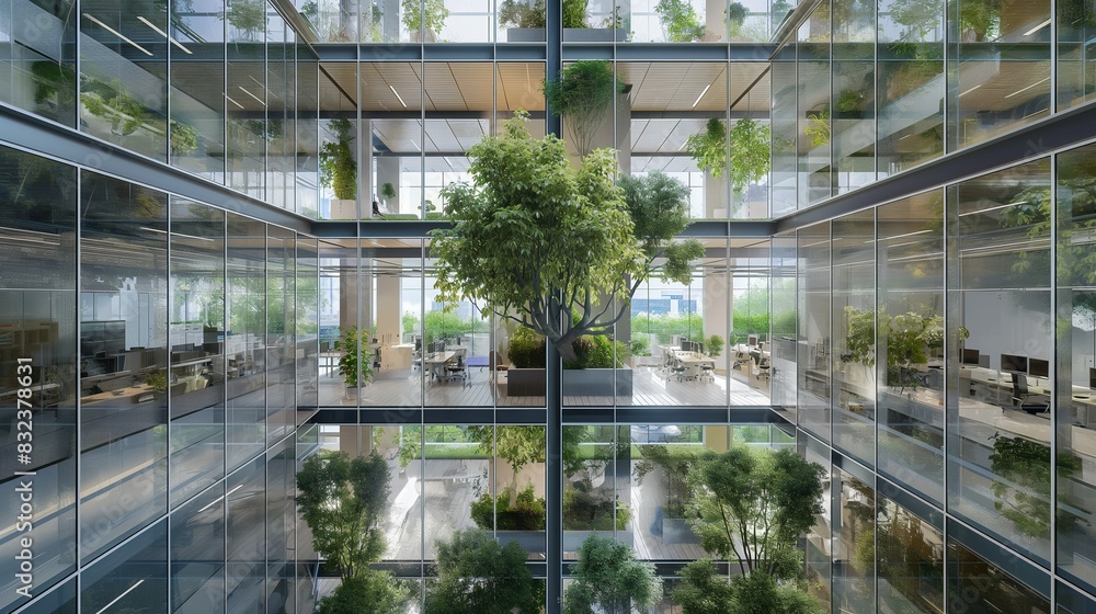 An innovative office structure with a glass exterior and balconies on each level that support small trees and green spaces for employees. An innovative office structure with a glass exterior and balconies on each level that support small trees and green spaces for employees.