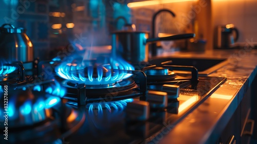 gas stove flame in a kitchen, cooking scene, blue fire, close up, focus on, copy space, Double exposure silhouette with pots and pans photo