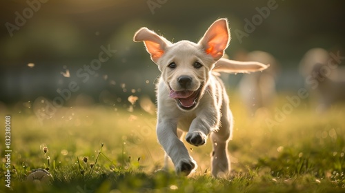 Labrador puppy joyfully playing in sunlit green field  tongue out  basking in warmth