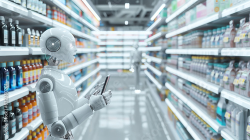 An automated retail store with AI managing inventory, assisting customers, and handling transactions